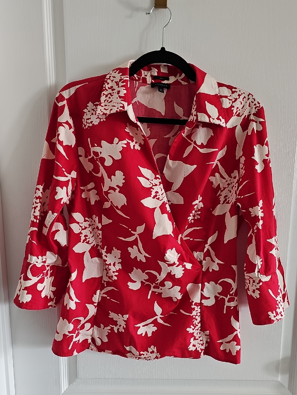 Talbots Red and White Floral Wrap-Style Blouse